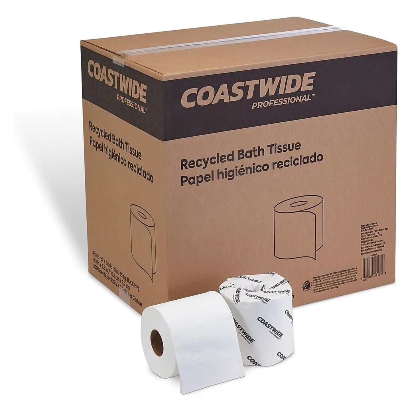 Coastwide Recycled Toilet Paper Rolls 2-Ply 350 Sheets Per Roll (48 Individually Wrapped Toilet Paper Rolls Per Carton)